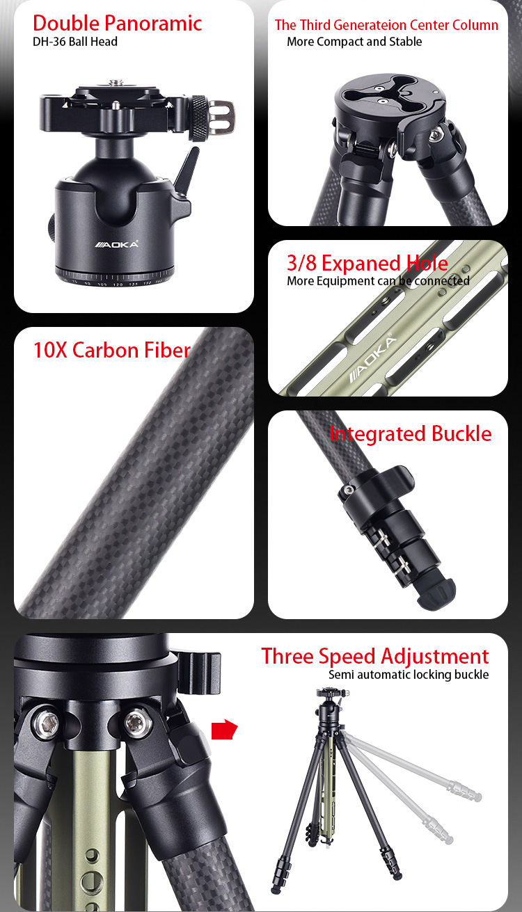 02 AOKA TS194C new center column compact lightweight travel carbon fiber tripod with buckle lock